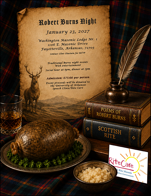 BurnsNight2027_Web Robert Burns Night 2027 Flyer. A table with books, a Haggis, a Rite Care card and an invitational letter for the event.